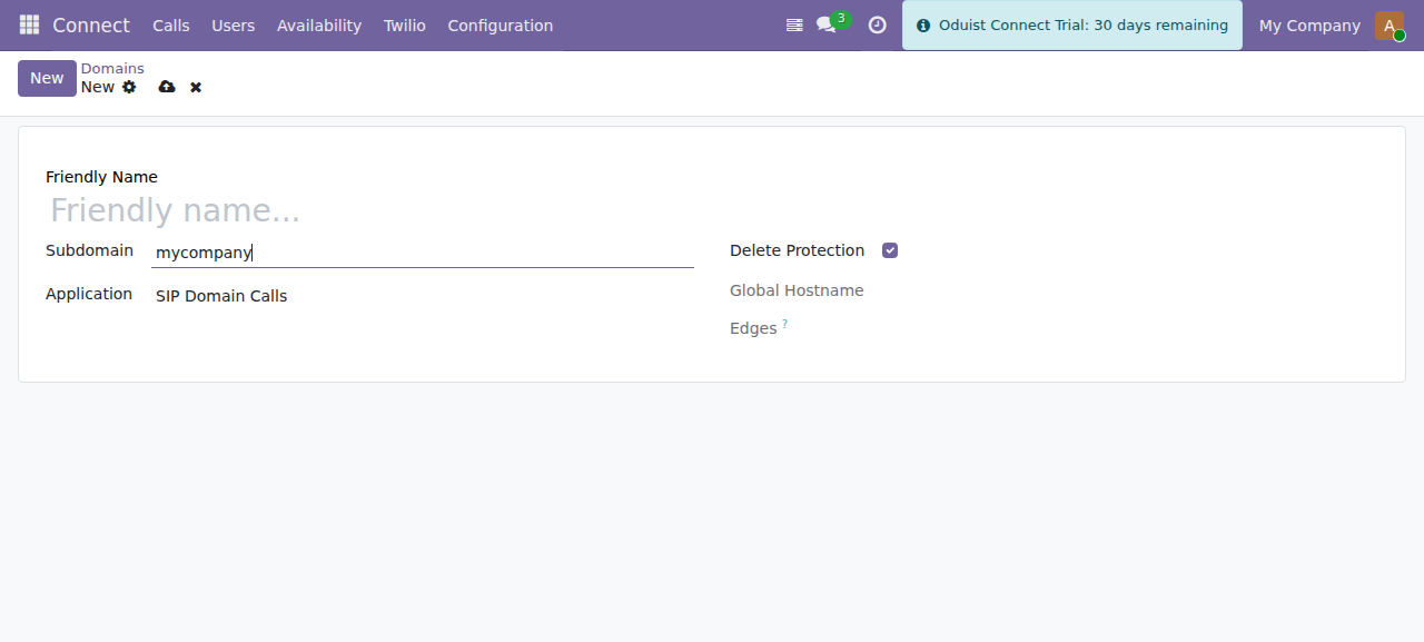 New SIP domain form