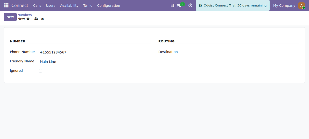 New Twilio number form