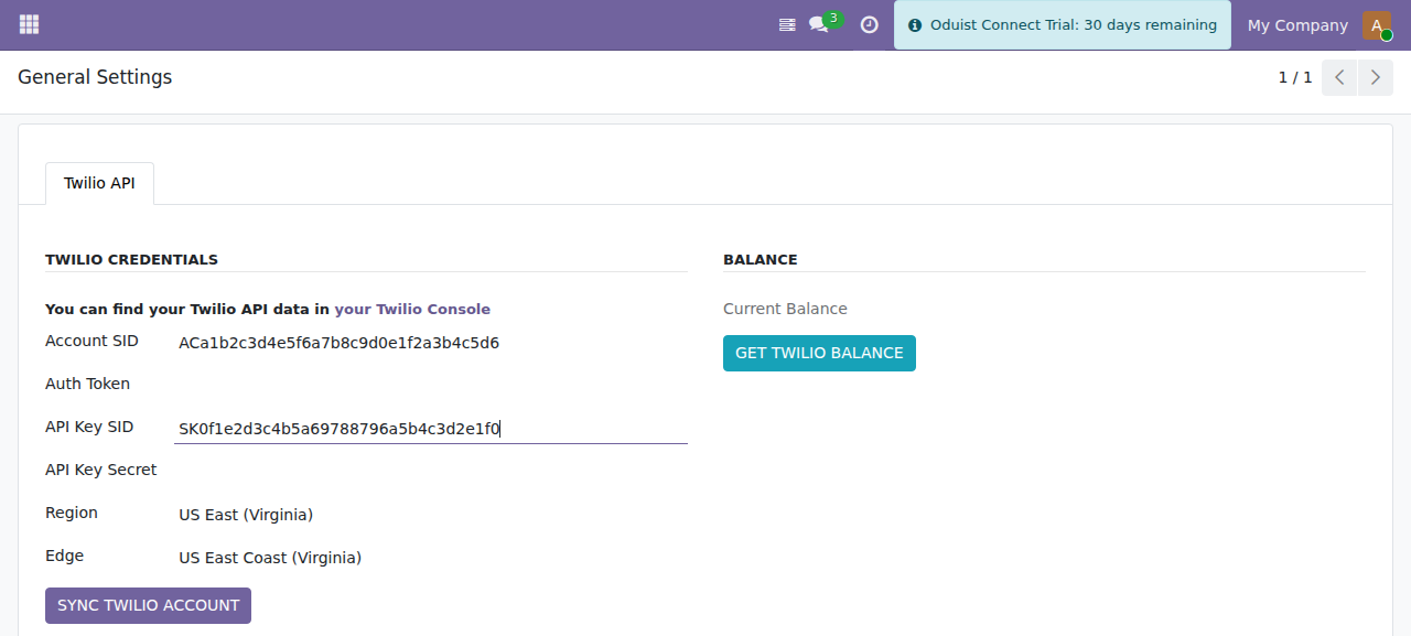Twilio Settings form